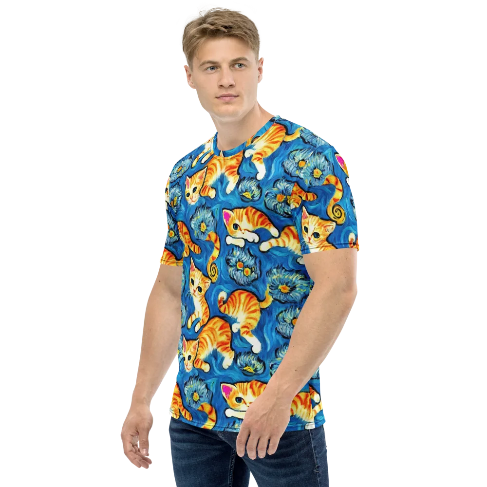 Indigo Marmalade Cats on Men's Crew Neck T-Shirt — Left