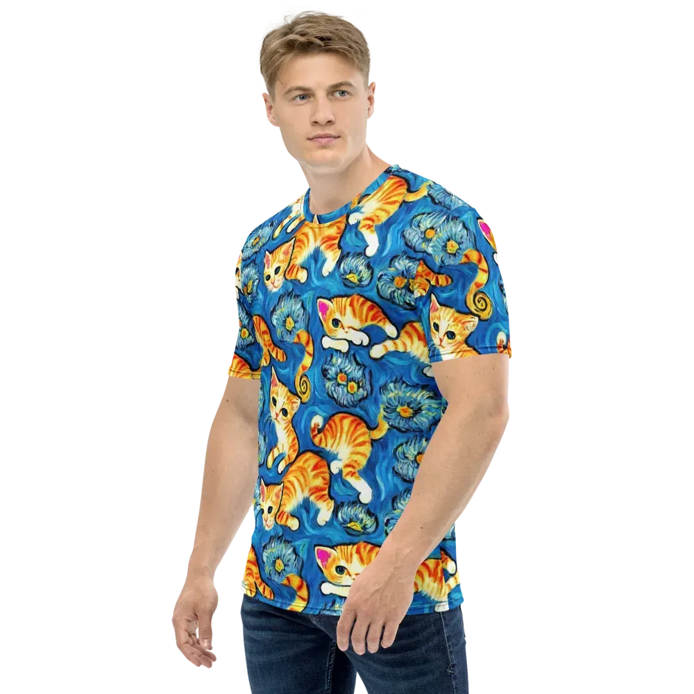 Indigo Marmalade Cats on Men's Crew Neck T-Shirt — Left