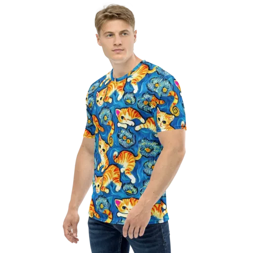 Indigo Marmalade Cats on a Men's Crew Neck T-Shirt