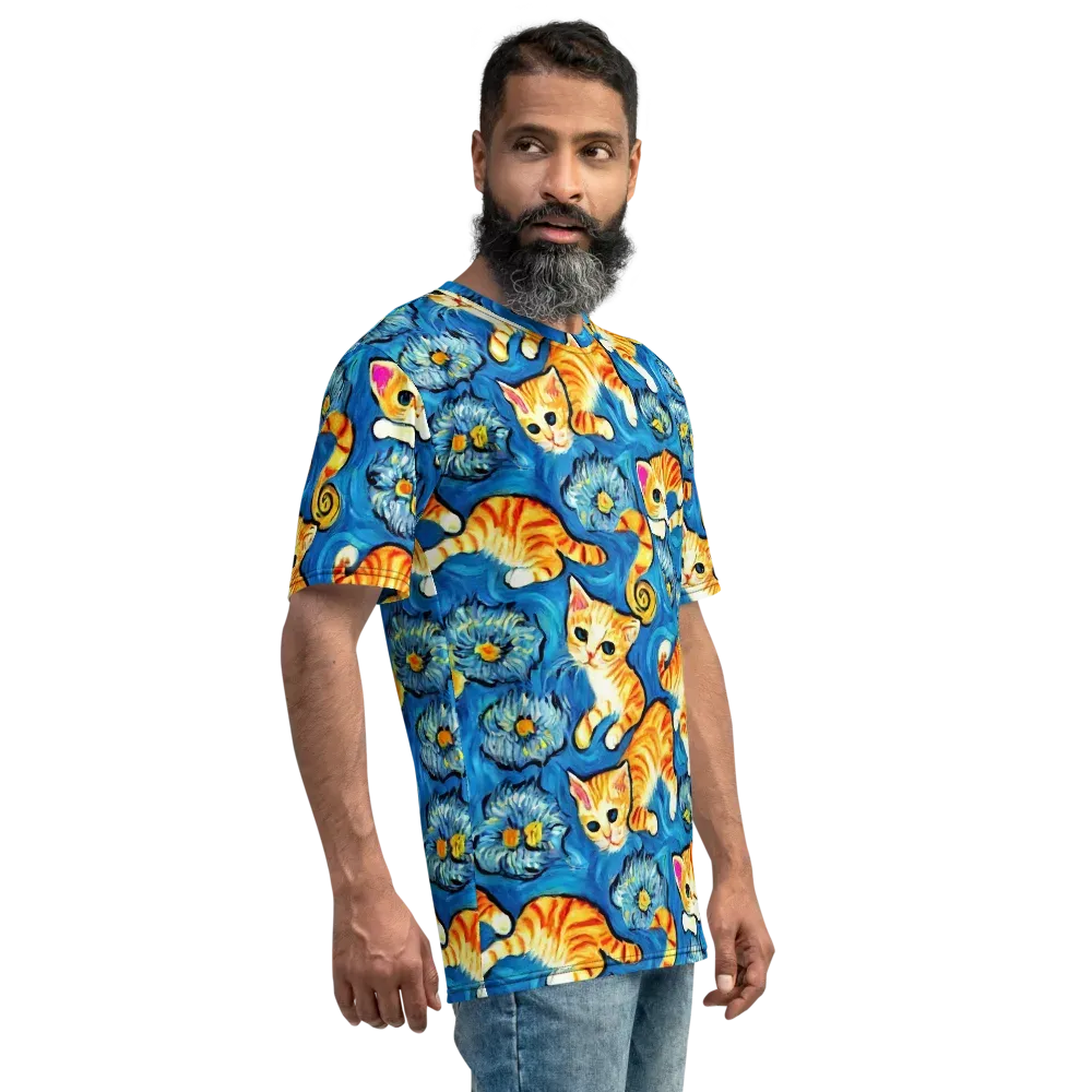 Indigo Marmalade Cats on Men's Crew Neck T-Shirt — Right