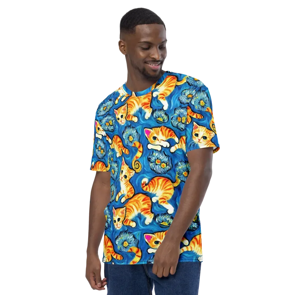 Indigo Marmalade Cats on Men's Crew Neck T-Shirt — Left