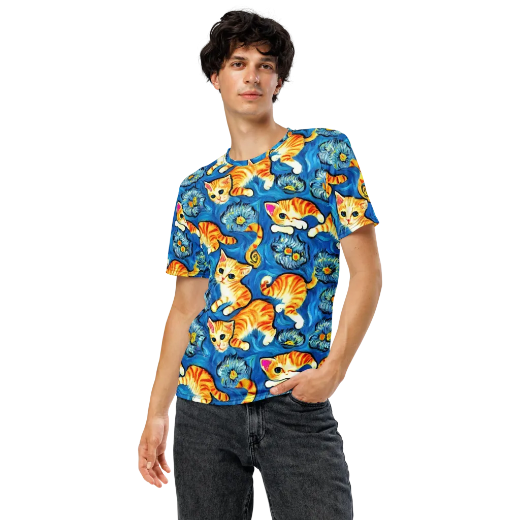 Indigo Marmalade Cats on Men's Crew Neck T-Shirt — Front