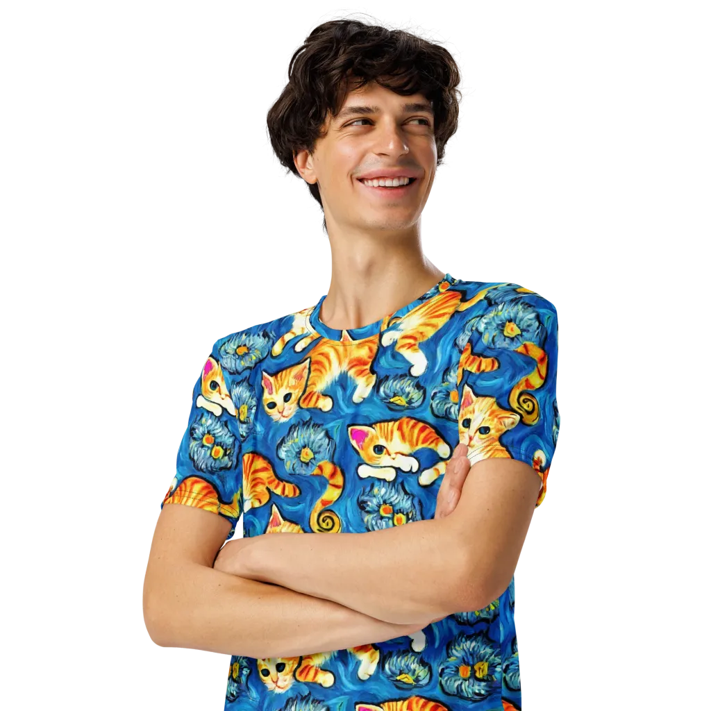 Indigo Marmalade Cats on Men's Crew Neck T-Shirt — Left Front
