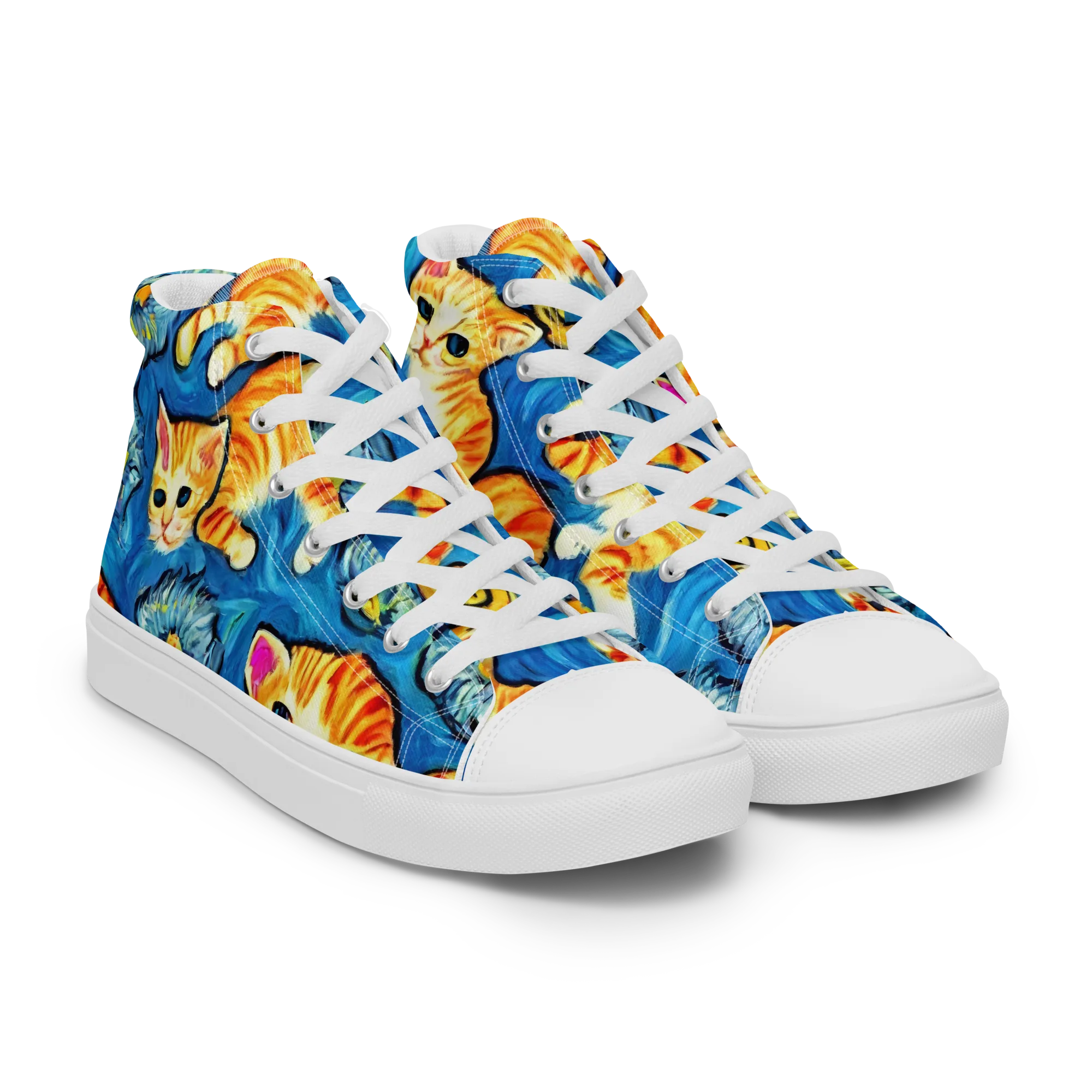 Indigo Marmalade Cats on Men's High Top Canvas Shoes — Right Front