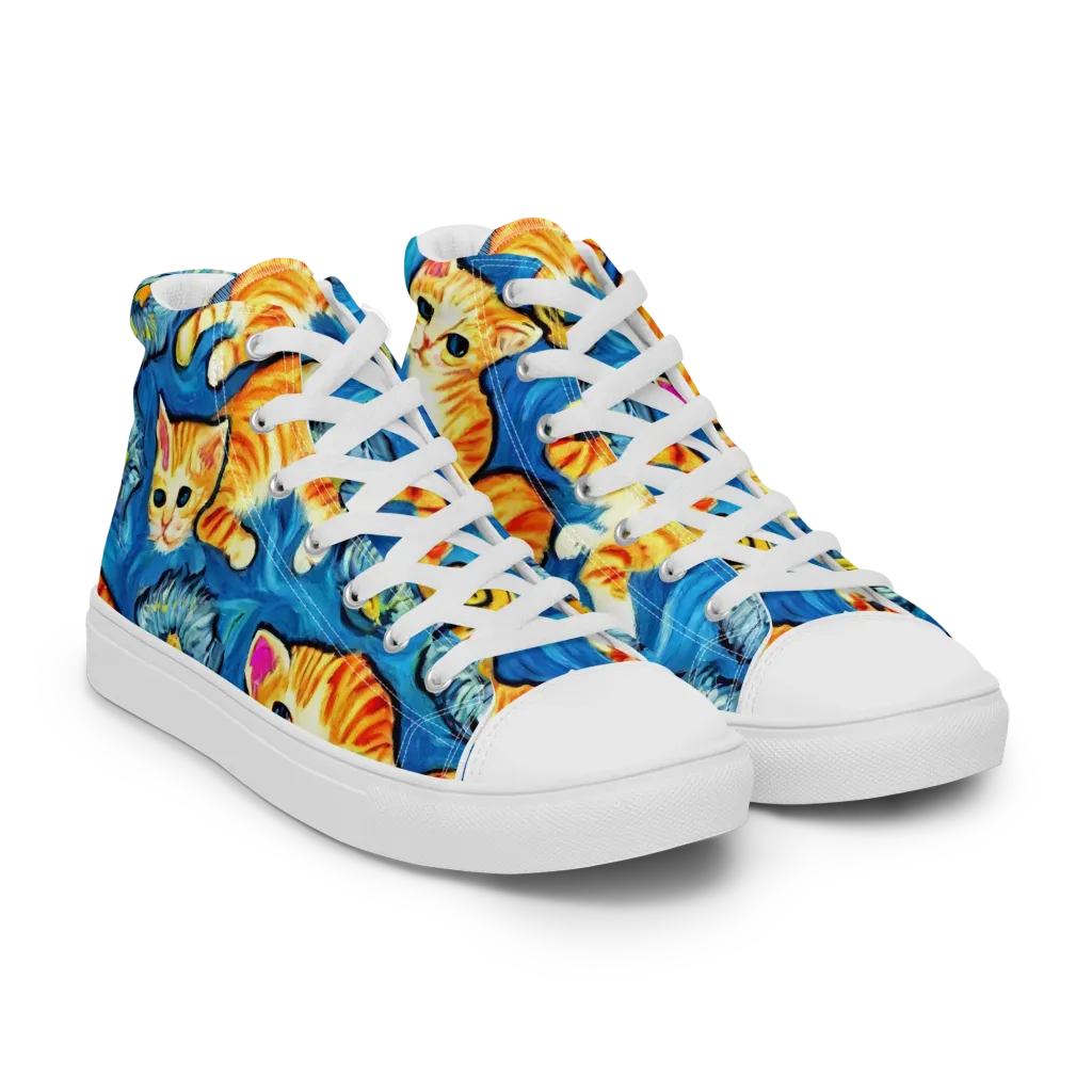 Indigo Marmalade Cats on Men's High Top Canvas Shoes — Right Front