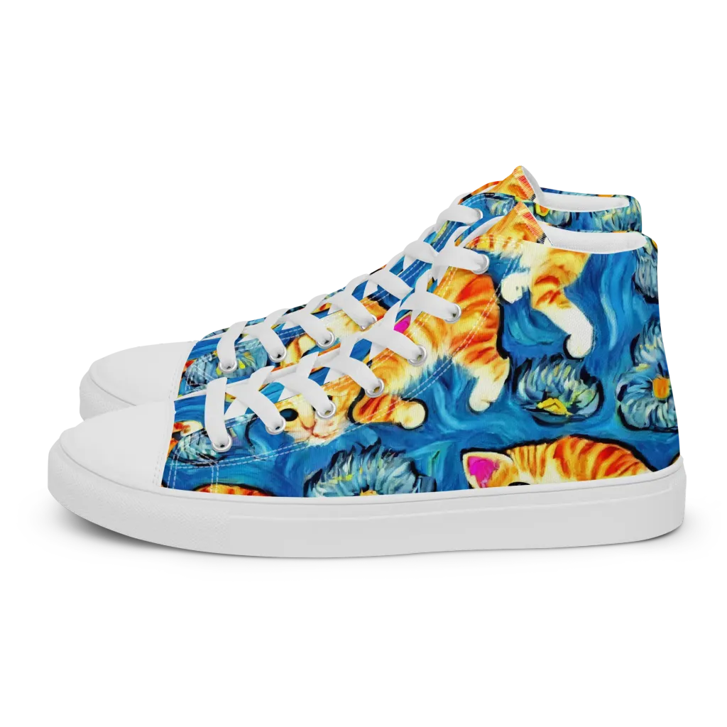 Indigo Marmalade Cats on Men's High Top Canvas Shoes — Left