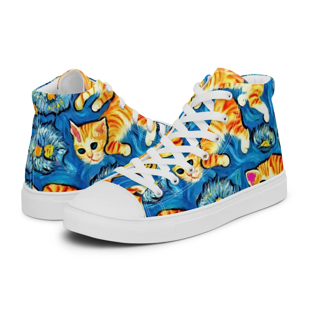 Indigo Marmalade Cats on Men's High Top Canvas Shoes — Left