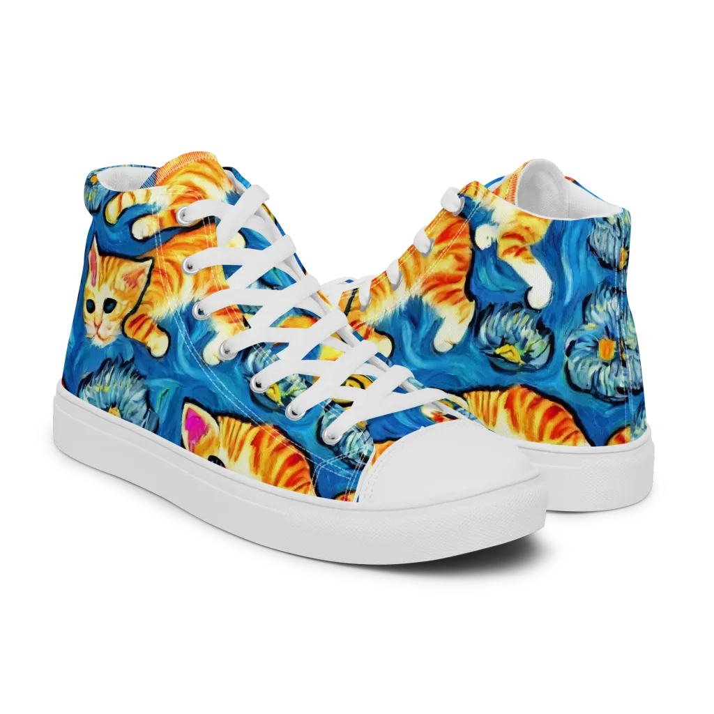 Indigo Marmalade Cats on Men's High Top Canvas Shoes — Right