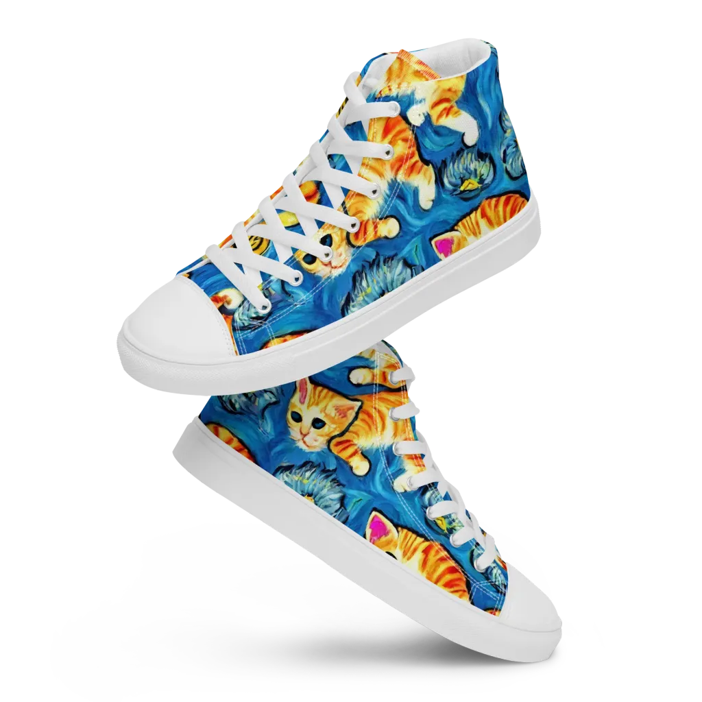 Indigo Marmalade Cats on Men's High Top Canvas Shoes — Front