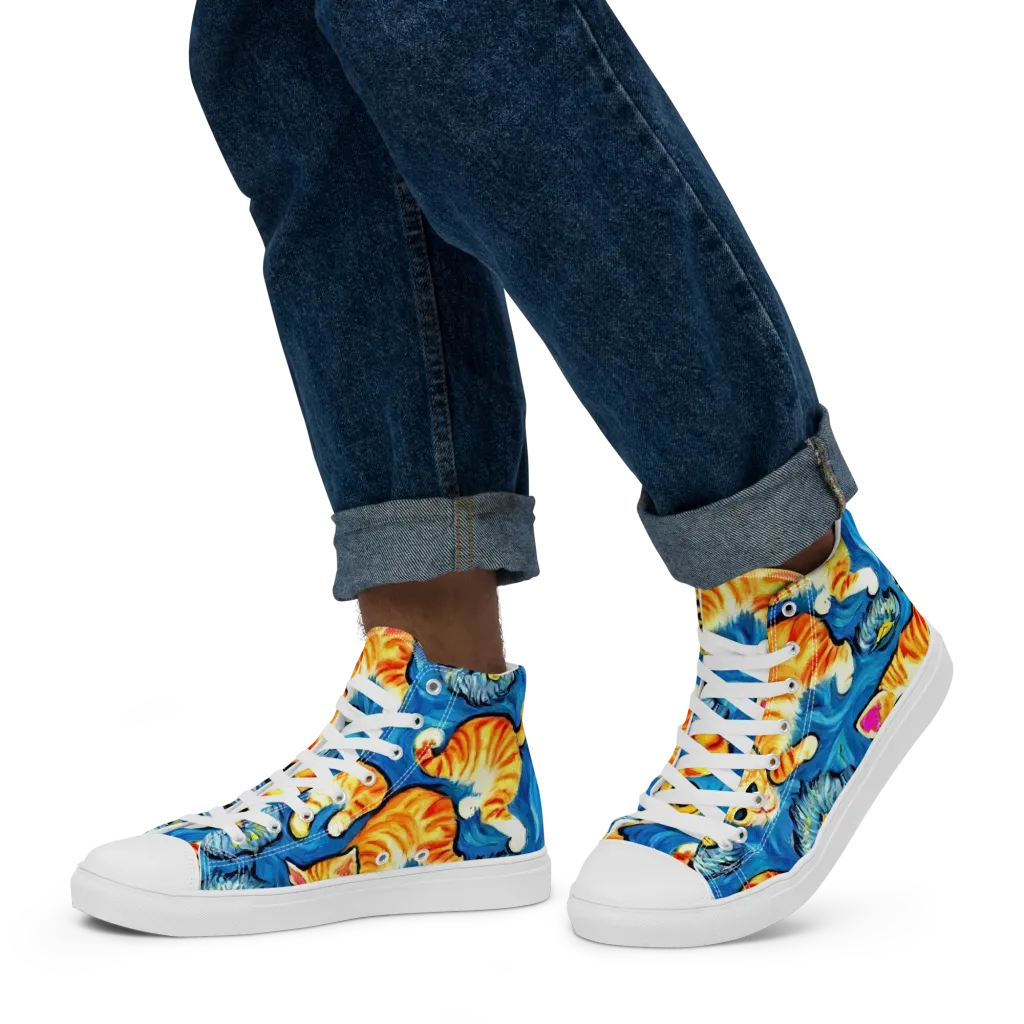 Indigo Marmalade Cats on Men's High Top Canvas Shoes — Left