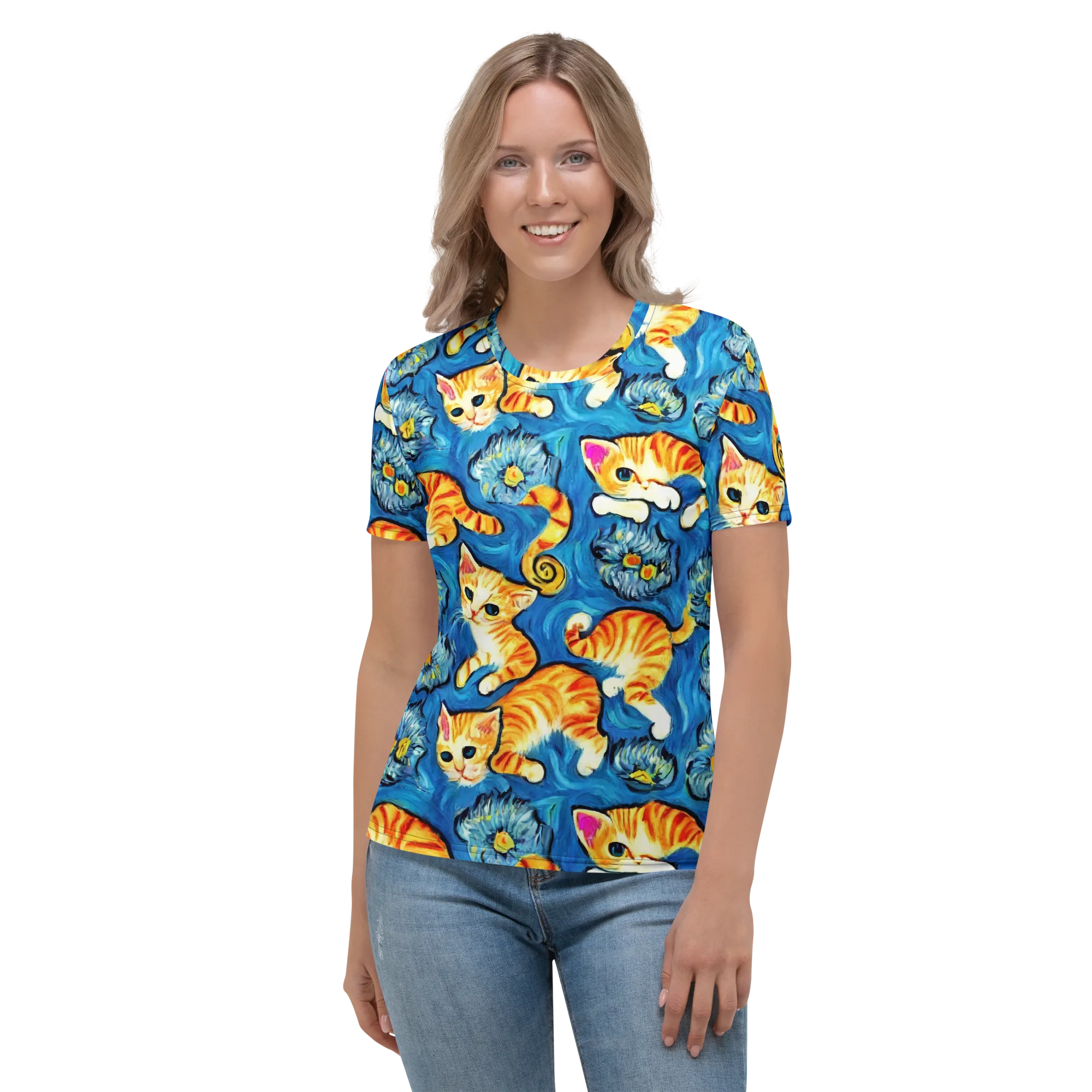 Indigo Marmalade Cats on Women's Crew Neck T-Shirt — Front