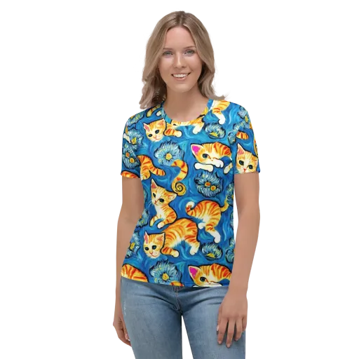 Indigo Marmalade Cats on a Women's Crew Neck T-Shirt