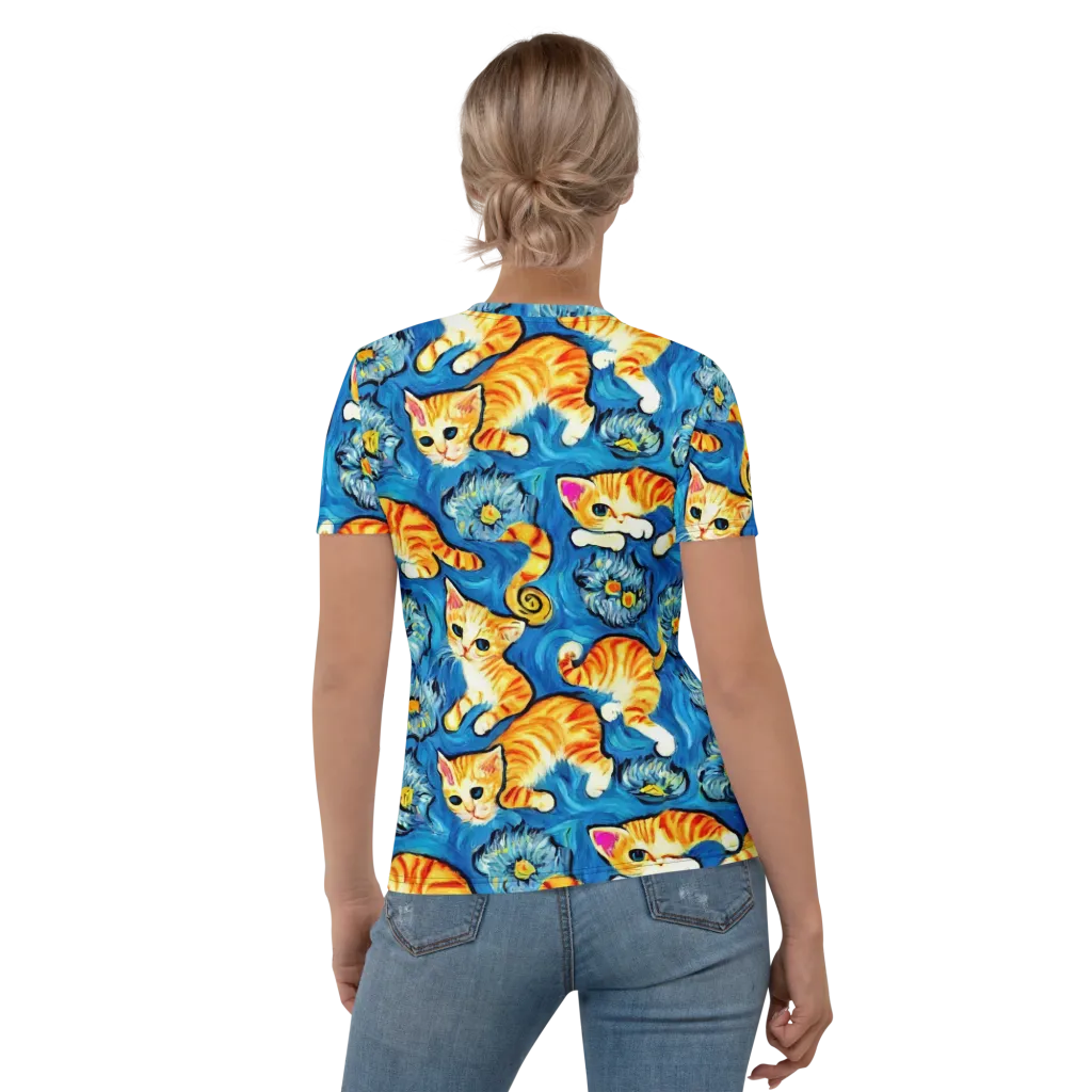Indigo Marmalade Cats on Women's Crew Neck T-Shirt — Back