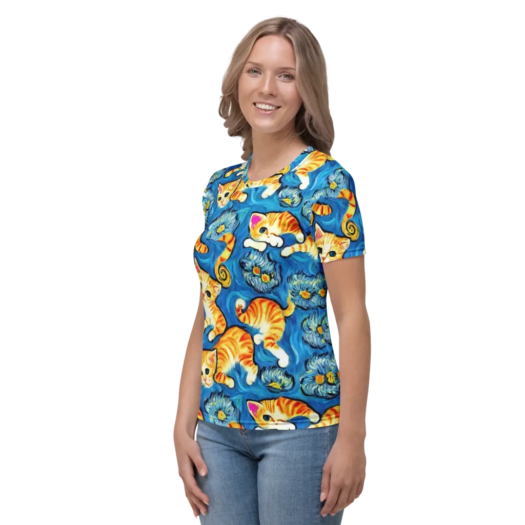 Indigo Marmalade Cats on Women's Crew Neck T-Shirt — Left