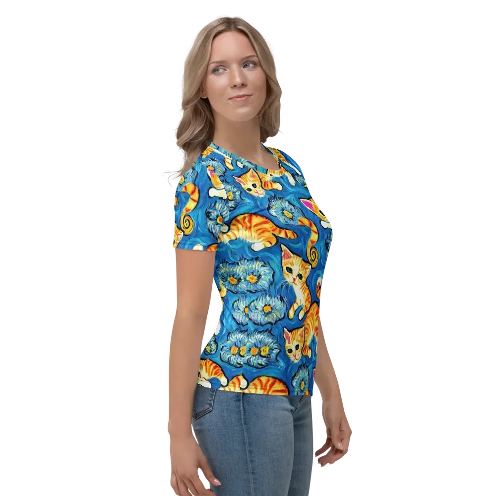Indigo Marmalade Cats on Women's Crew Neck T-Shirt — Right