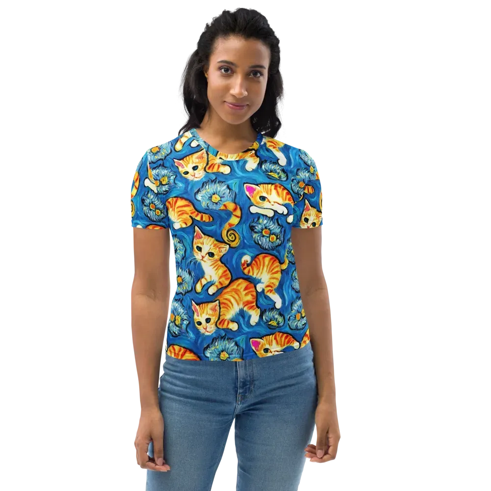 Indigo Marmalade Cats on Women's Crew Neck T-Shirt — Front