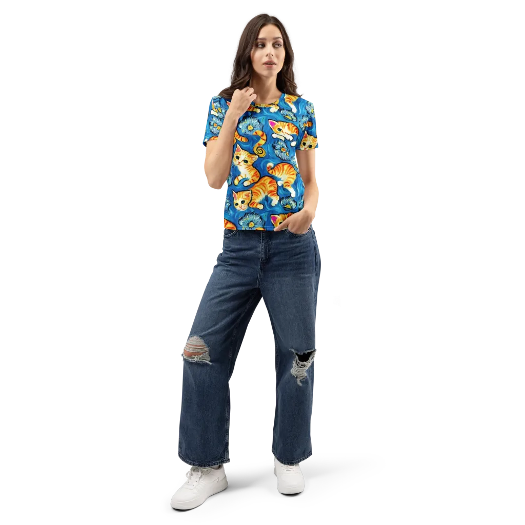 Indigo Marmalade Cats on Women's Crew Neck T-Shirt — Front
