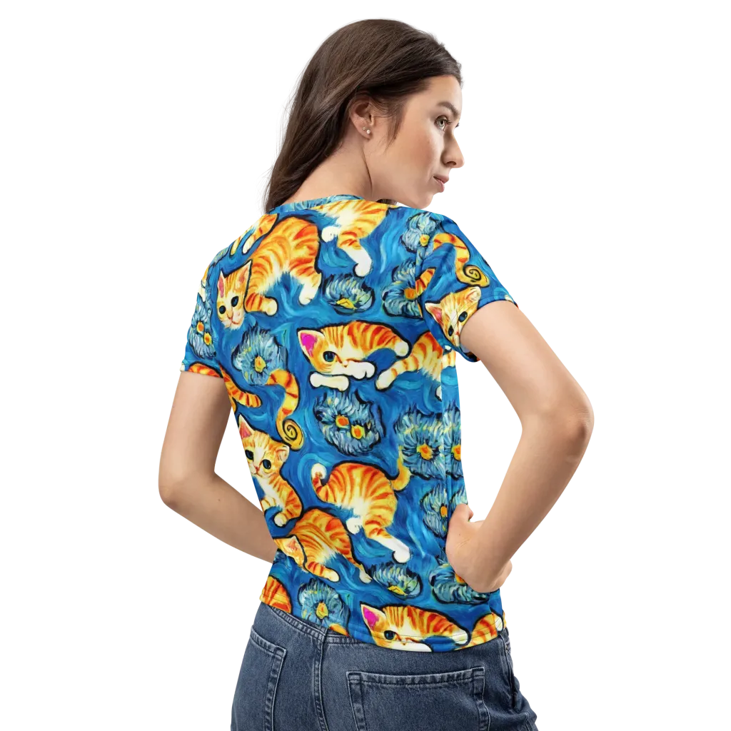 Indigo Marmalade Cats on Women's Crew Neck T-Shirt — Back