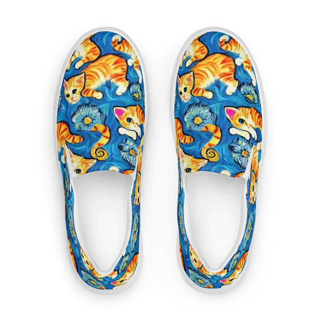 Indigo Marmalade Cats on Men's Slip-On Canvas Shoes — Front