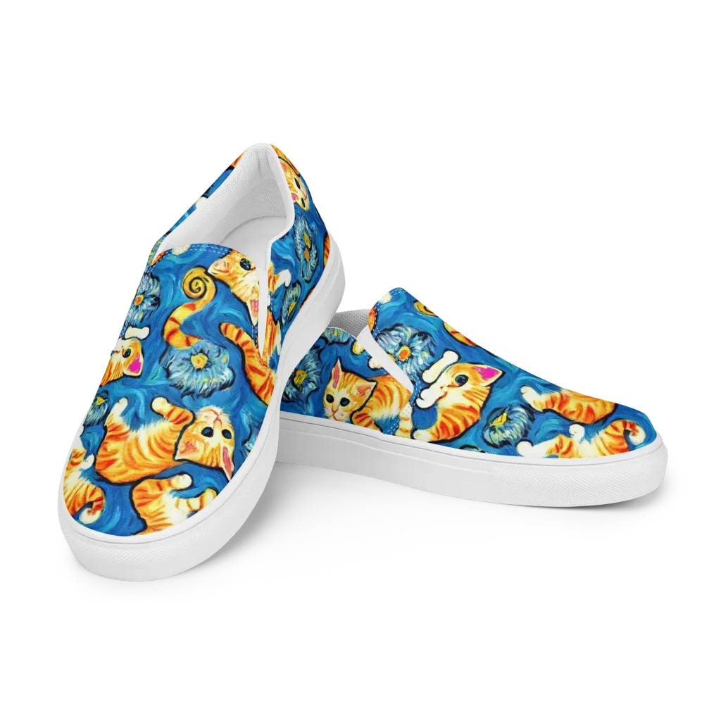 Indigo Marmalade Cats on Men's Slip-On Canvas Shoes — Left Front