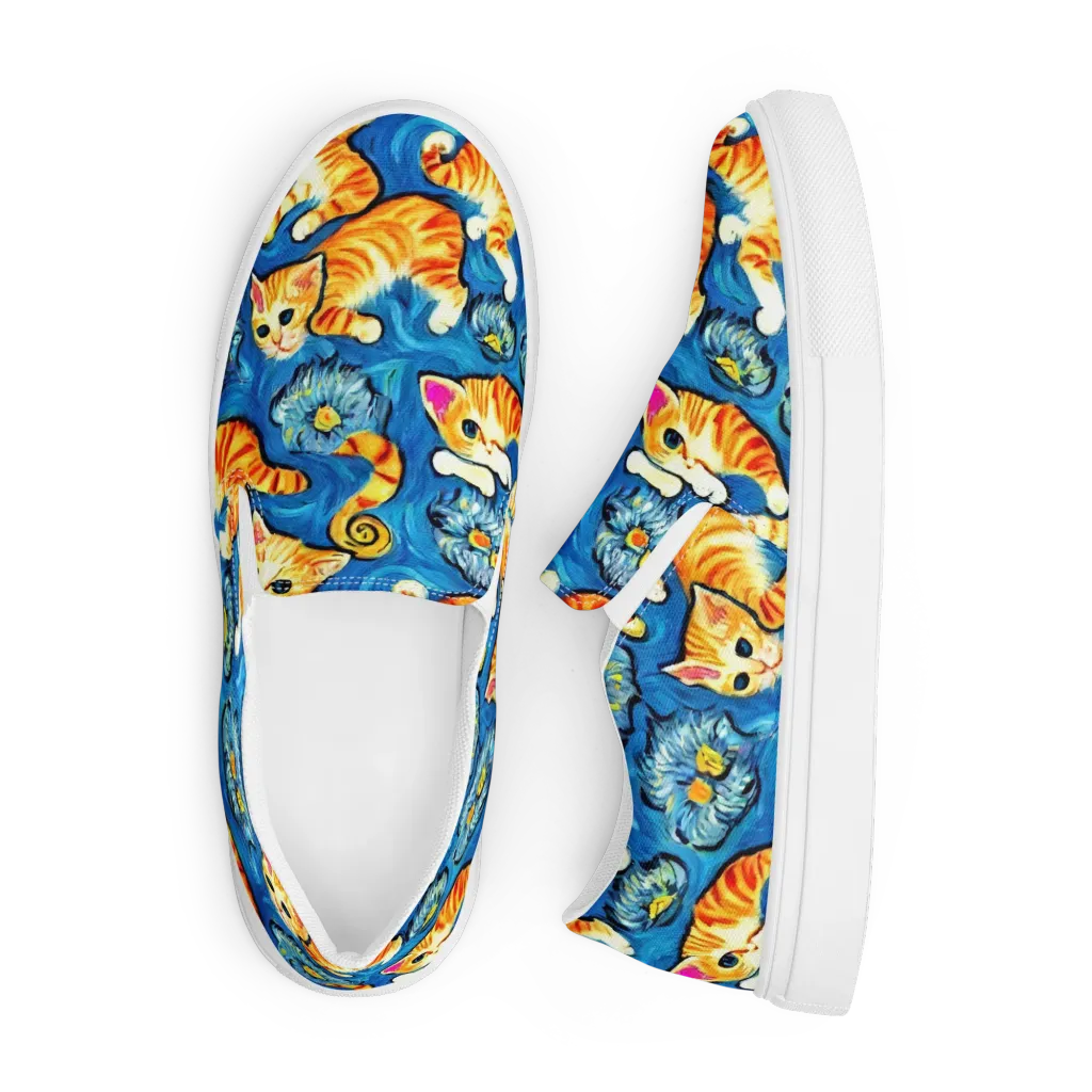 Indigo Marmalade Cats on Men's Slip-On Canvas Shoes — Front