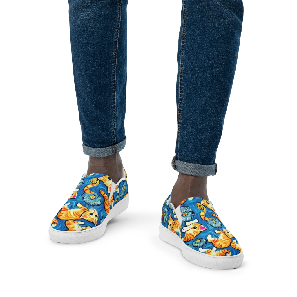 Indigo Marmalade Cats on Men's Slip-On Canvas Shoes — Front