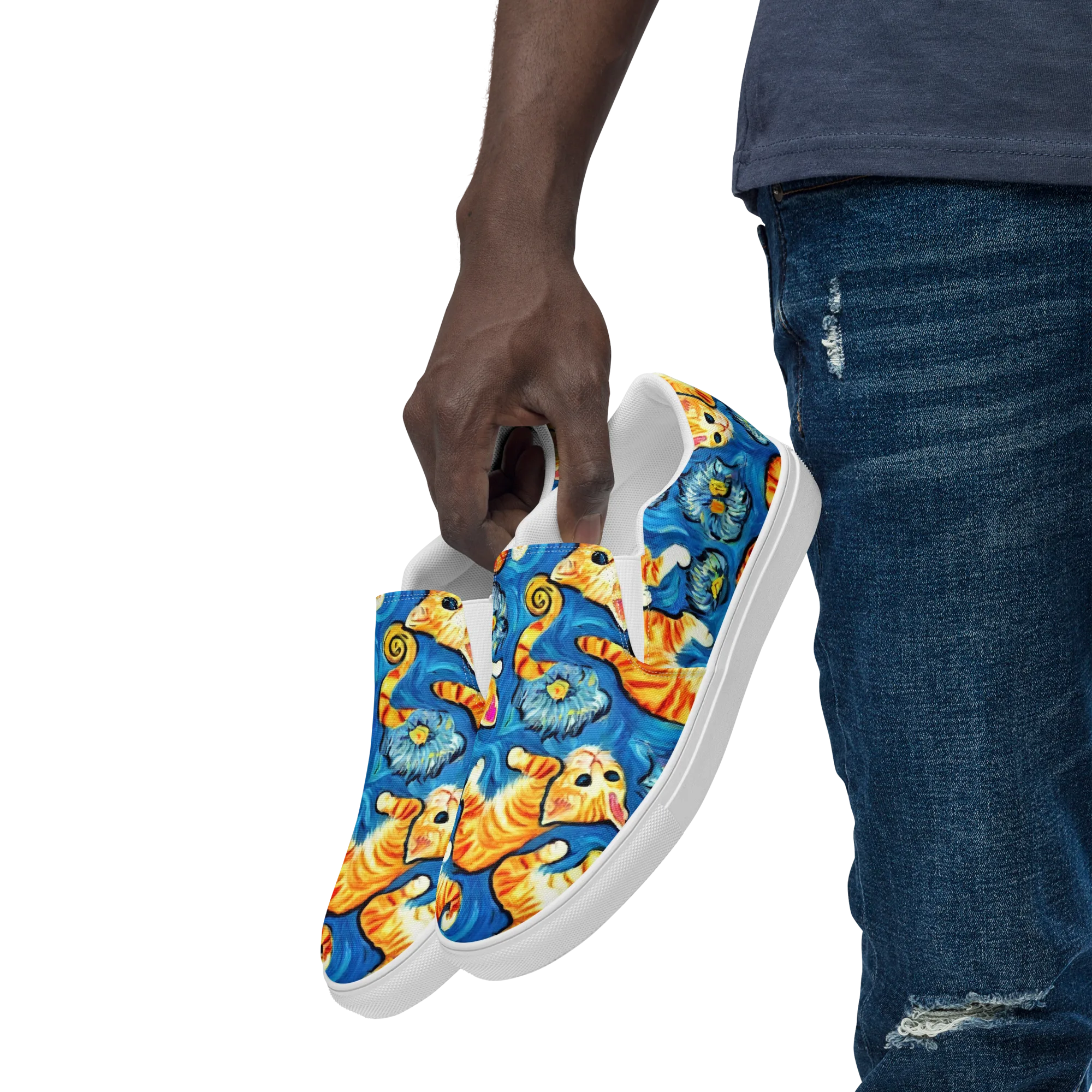 Indigo Marmalade Cats on Men's Slip-On Canvas Shoes — Left Front
