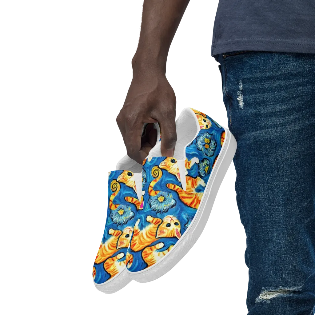 Indigo Marmalade Cats on Men's Slip-On Canvas Shoes — Left Front