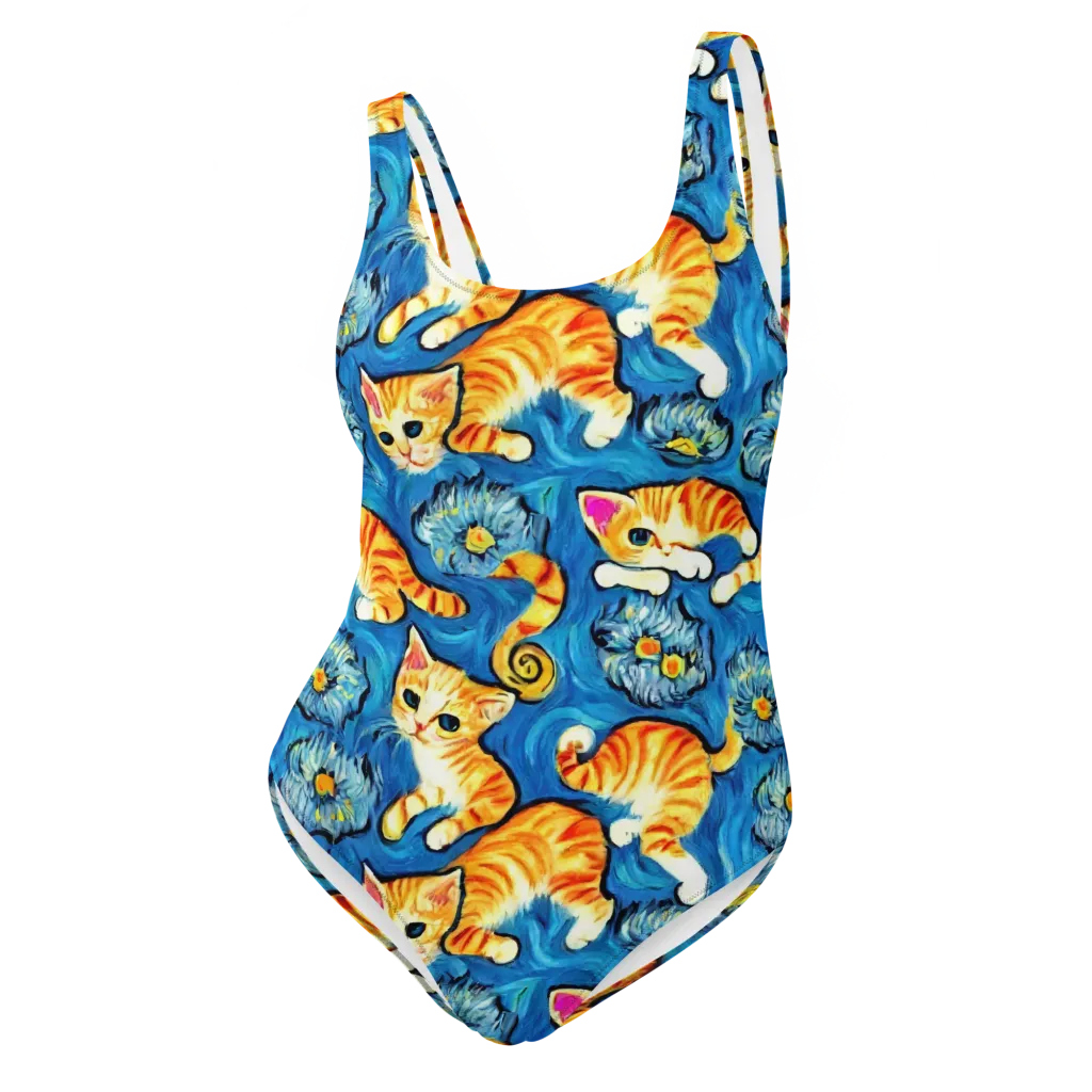 Indigo Marmalade Cats on One-Piece Swimsuit — Front