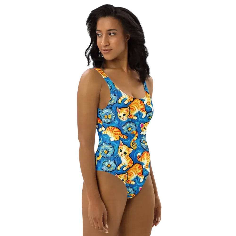 Indigo Marmalade Cats on One-Piece Swimsuit — Right