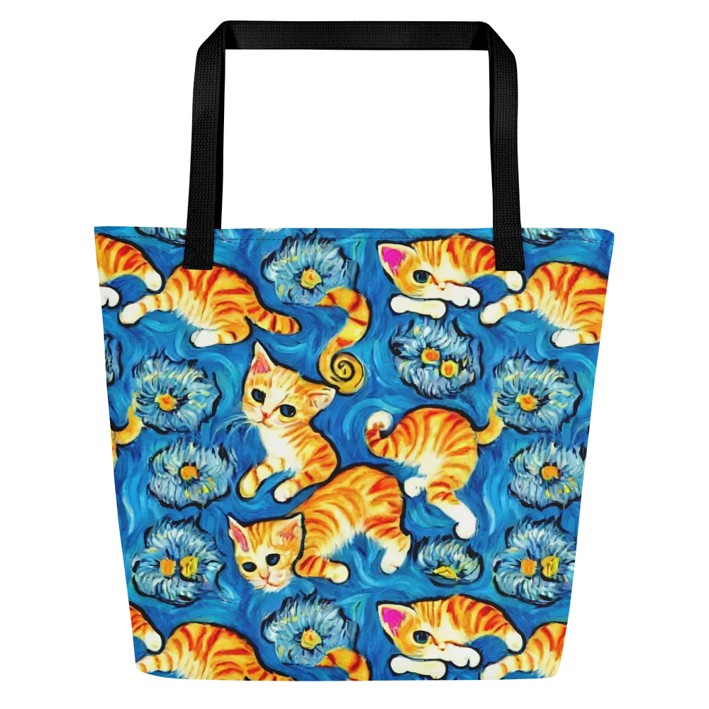 Indigo Marmalade Cats on Large Tote Bag W/ Pocket — Front