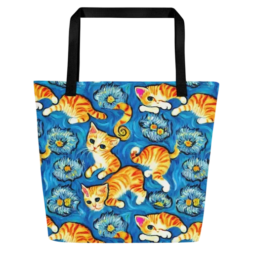 Indigo Marmalade Cats on a Large Tote Bag W/ Pocket