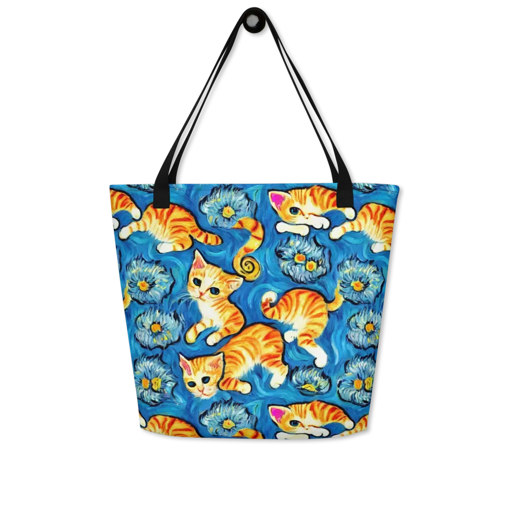 Indigo Marmalade Cats on Large Tote Bag W/ Pocket — Front