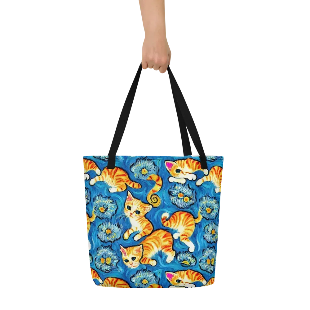 Indigo Marmalade Cats on Large Tote Bag W/ Pocket — Front