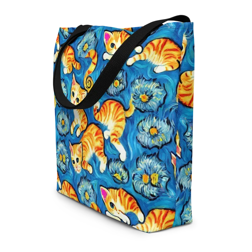Indigo Marmalade Cats on Large Tote Bag W/ Pocket — Front
