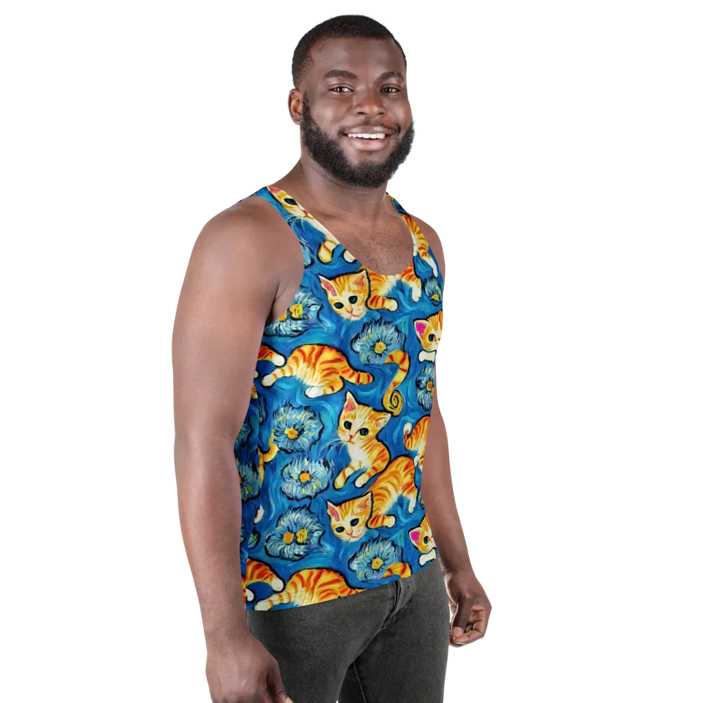 Indigo Marmalade Cats on Men's Tank Top — Right Front