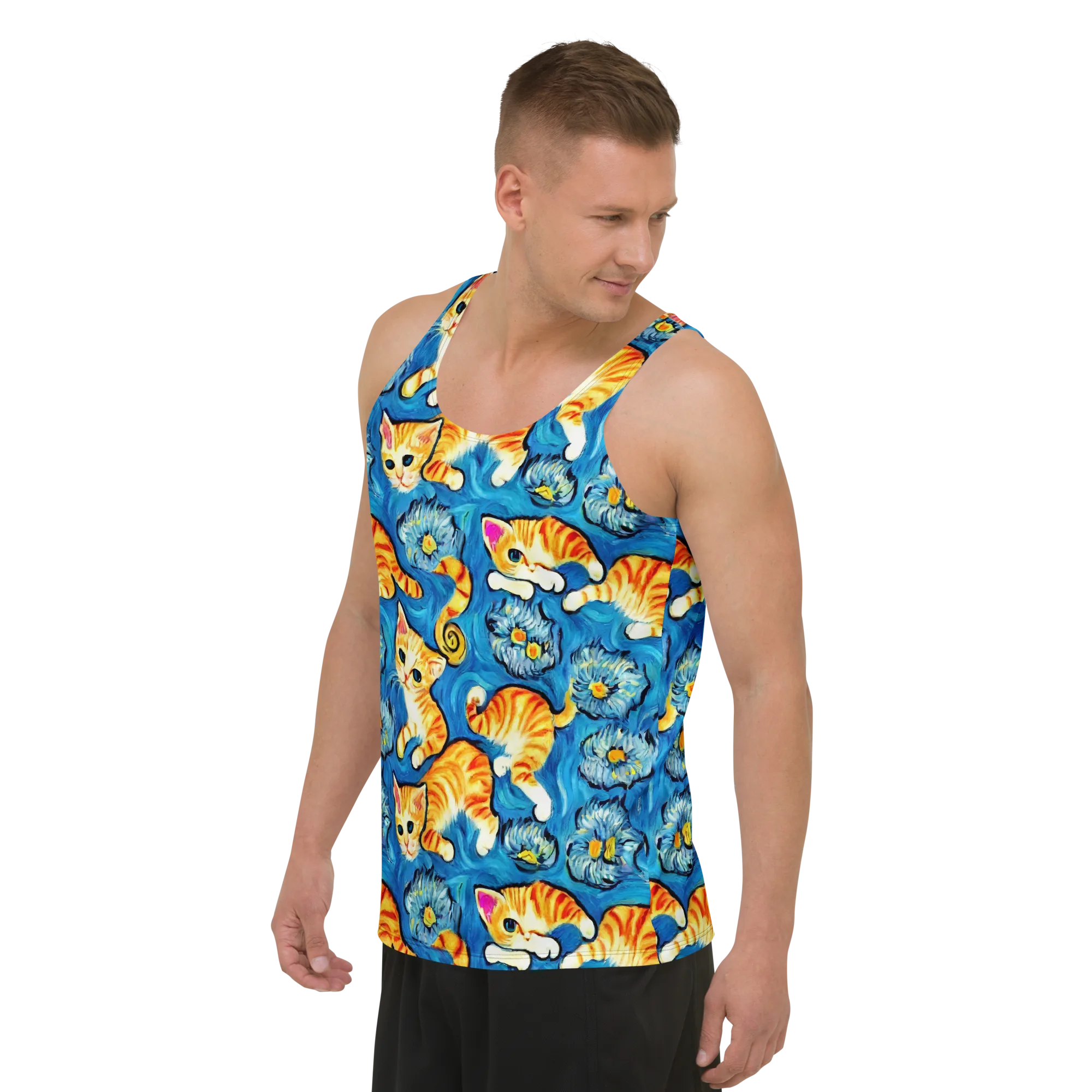 Indigo Marmalade Cats on Men's Tank Top — Left Front