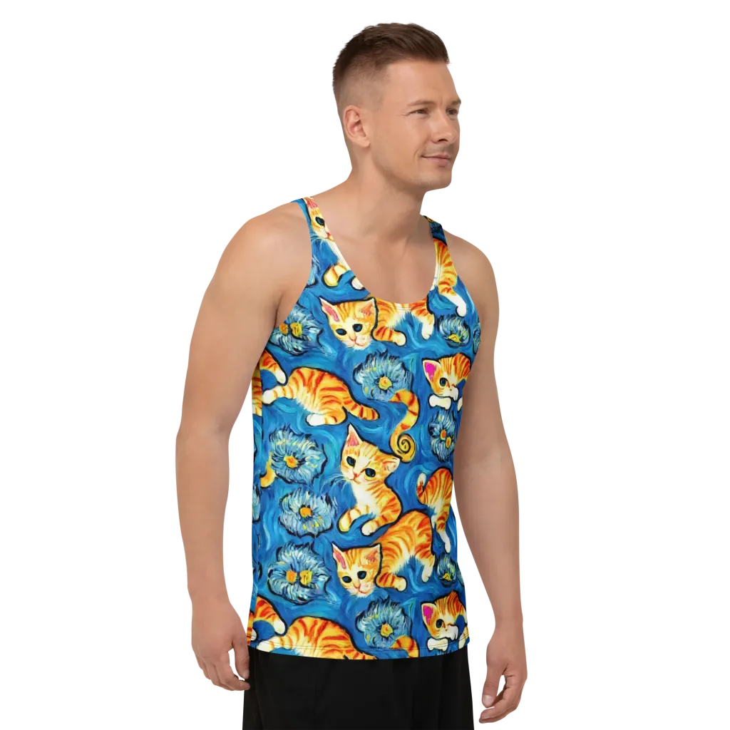Indigo Marmalade Cats on Men's Tank Top — Right Front