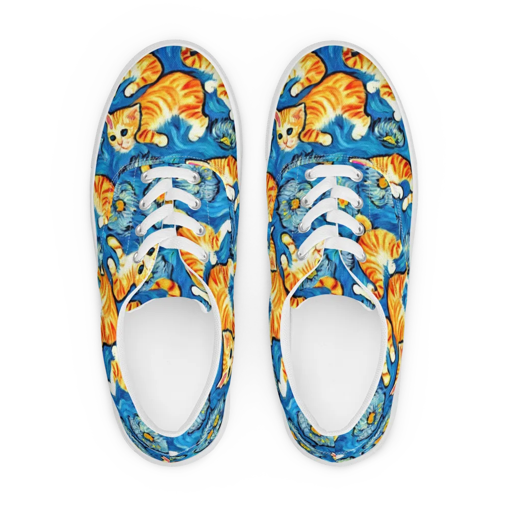 Indigo Marmalade Cats on Men's Lace-Up Canvas Shoes — Front