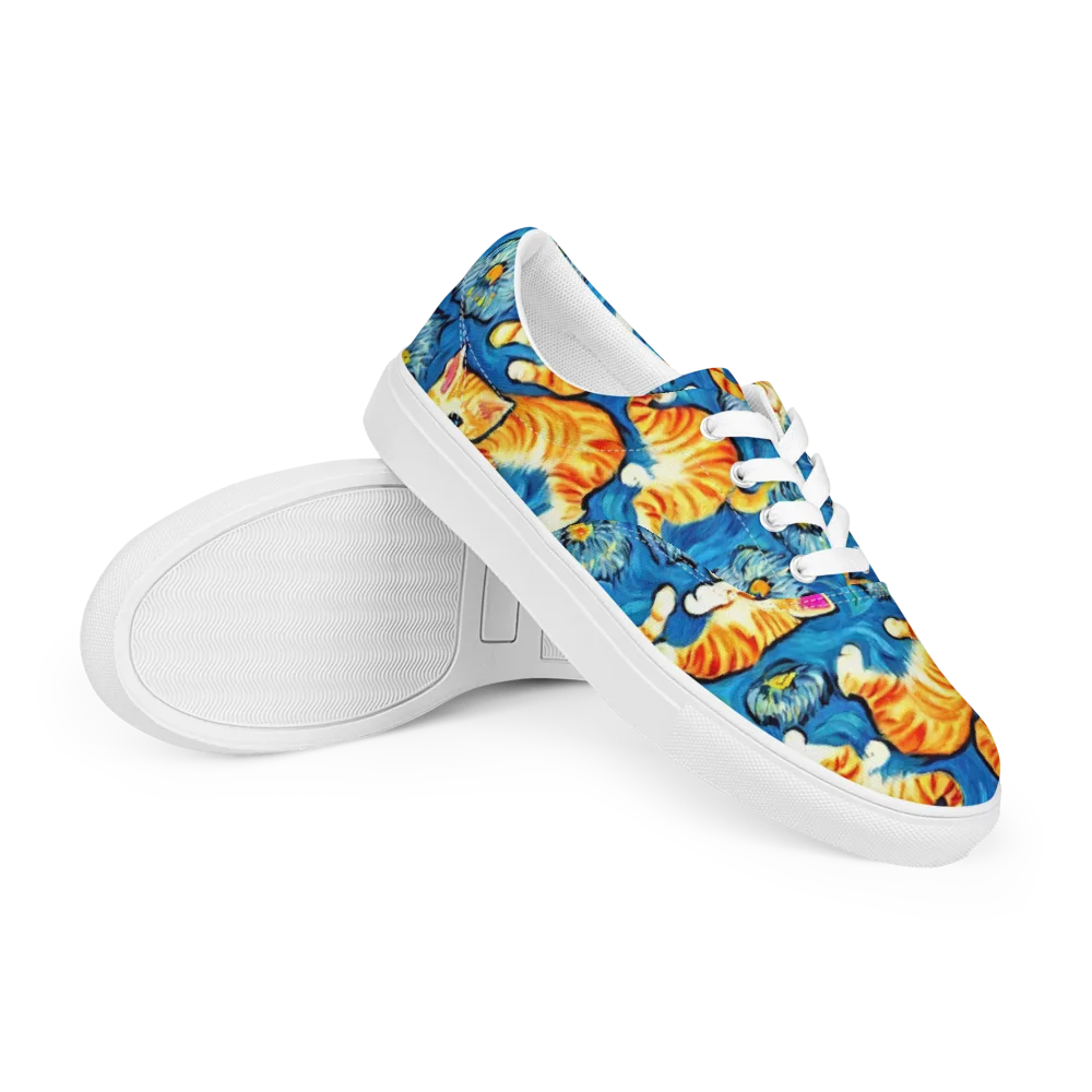 Indigo Marmalade Cats on Men's Lace-Up Canvas Shoes — Right Front