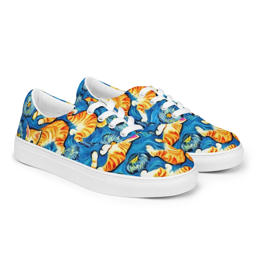 Indigo Marmalade Cats on Men's Lace-Up Canvas Shoes — Right Front