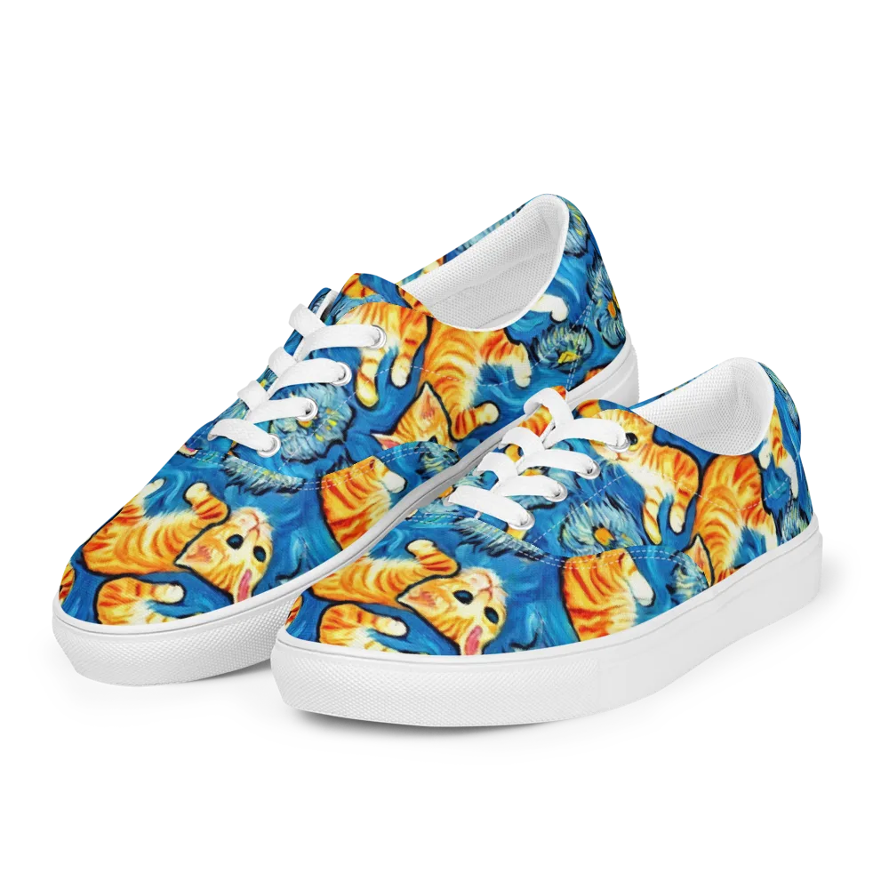 Indigo Marmalade Cats on Men's Lace-Up Canvas Shoes — Left Front