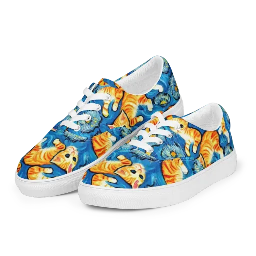 Indigo Marmalade Cats on a Men's Lace-Up Canvas Shoes