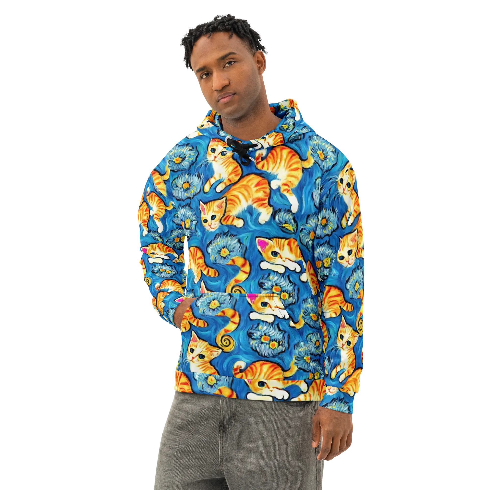 Indigo Marmalade Cats on Cotton Hoodie — Left Front