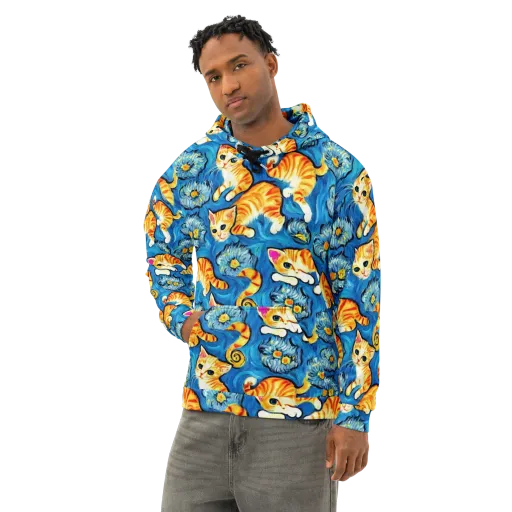 Indigo Marmalade Cats on a Cotton Hoodie