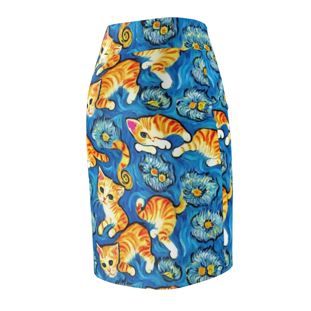 Indigo Marmalade Cats on Pencil Skirt — Back Side