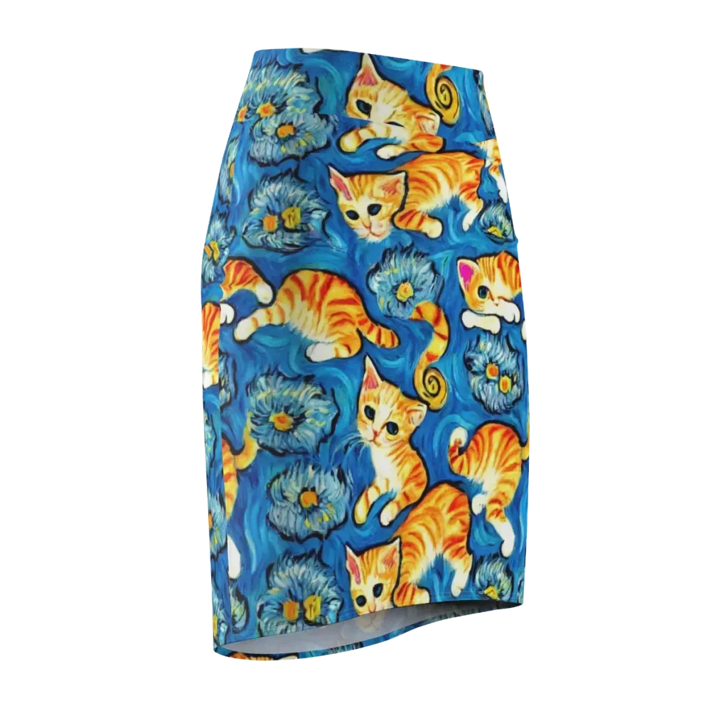 Indigo Marmalade Cats on Pencil Skirt — Front Side