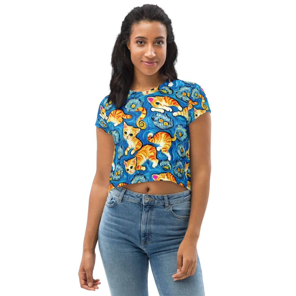 Indigo Marmalade Cats on Crop Tee — Front