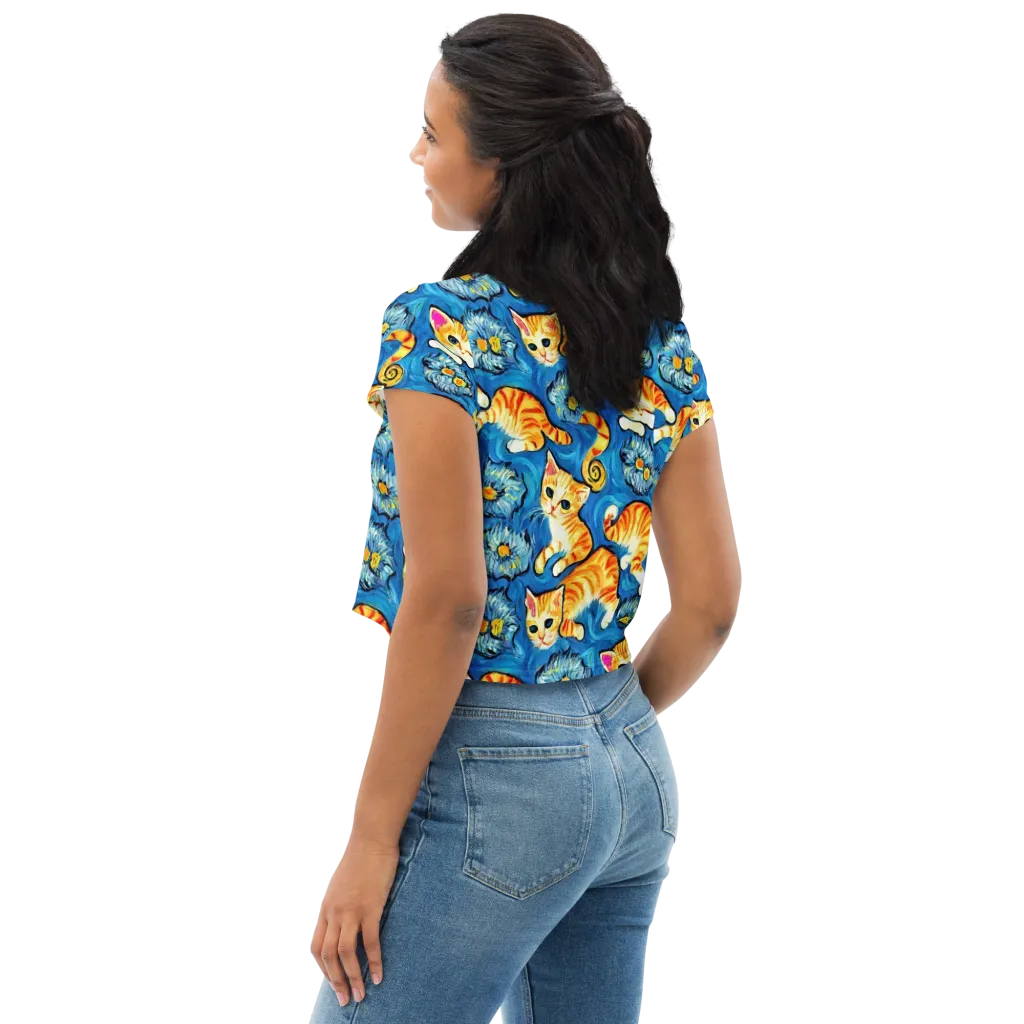 Indigo Marmalade Cats on Crop Tee — Left Back