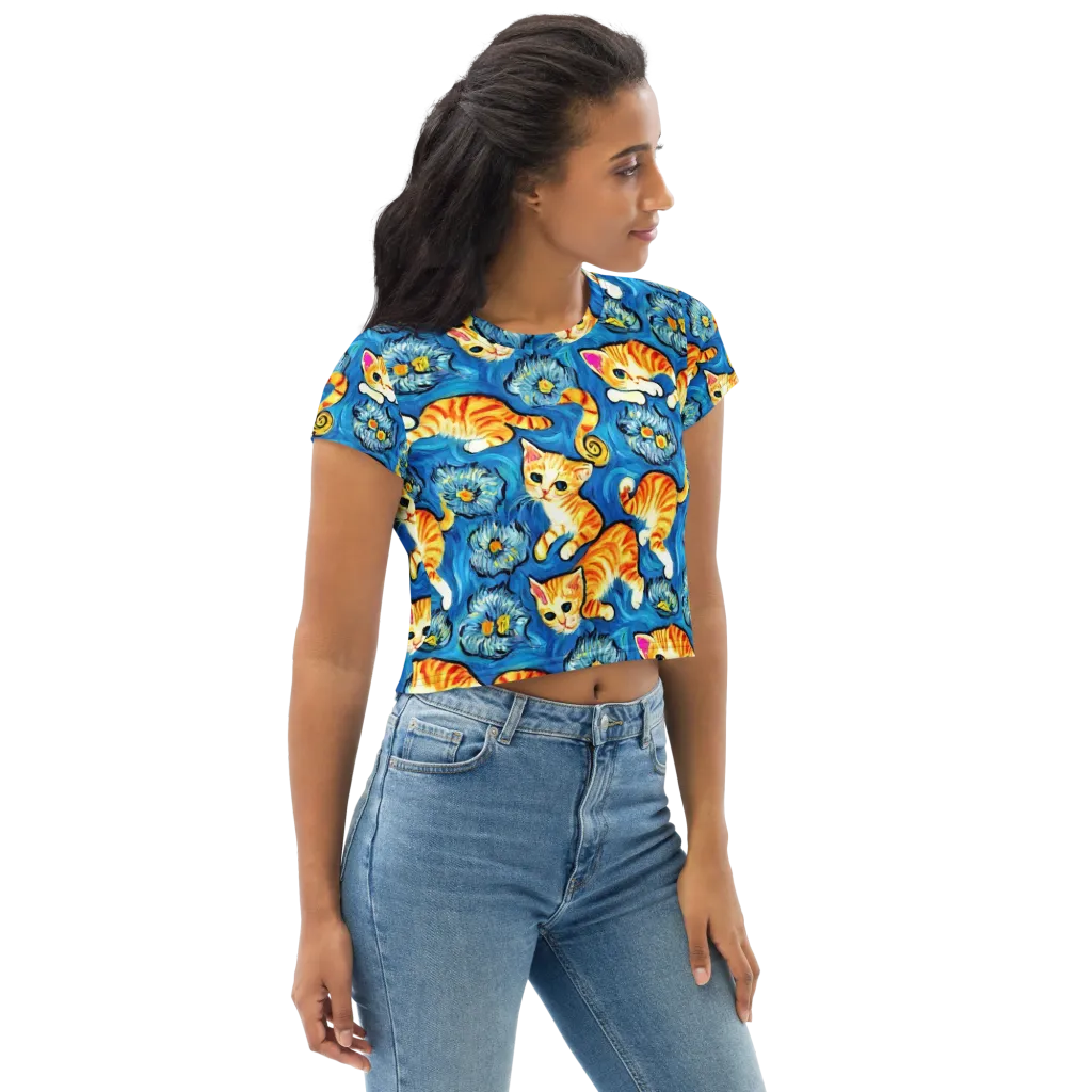 Indigo Marmalade Cats on Crop Tee — Right Front